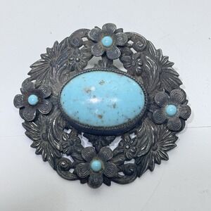 Vintage Czechslovakia Czech Silver Tone Faux Turquoise Blue Glass Round Brooch